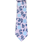 M & R Clothing Augustino tie featuring a light pink background with blue floral and leaf patterns in woven fabric