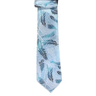 M & R Clothing Augustino tie featuring a light blue and teal woven floral and geometric leaf pattern on fabric.