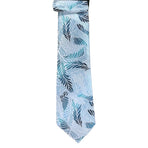 M & R Clothing Augustino tie featuring a light blue and teal woven floral and geometric leaf pattern on fabric.