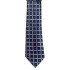M & R Clothing Augustino tie featuring a navy blue and silver geometric square pattern in a lustrous woven fabric