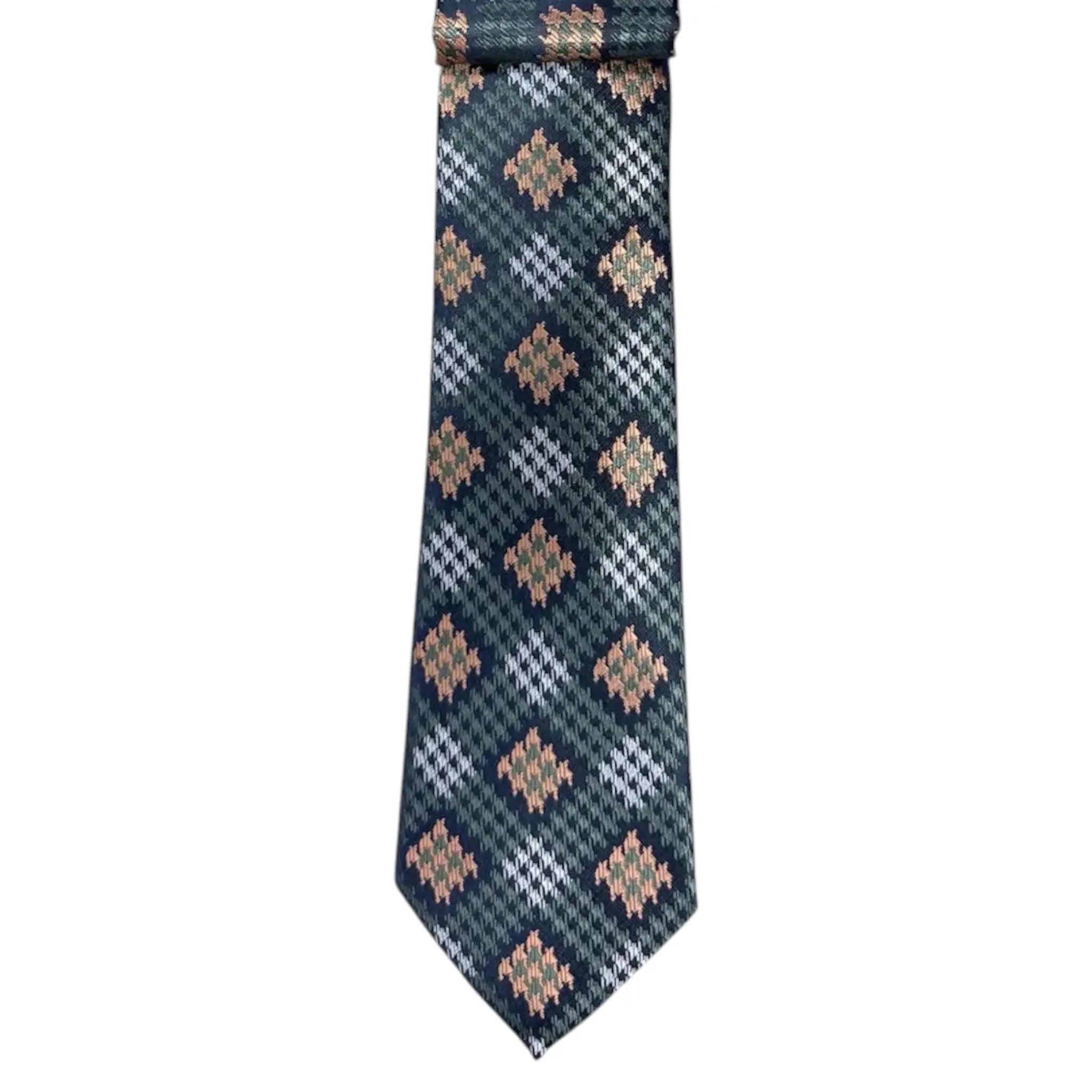 M & R Clothing Augustino tie featuring a dark green background with a woven geometric diamond and floral pattern.