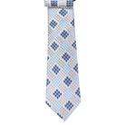 M & R Clothing Augustino tie featuring a light blue, cream, and navy geometric houndstooth and diamond pattern