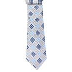 M & R Clothing Augustino tie featuring a light blue, cream, and navy geometric houndstooth and diamond pattern