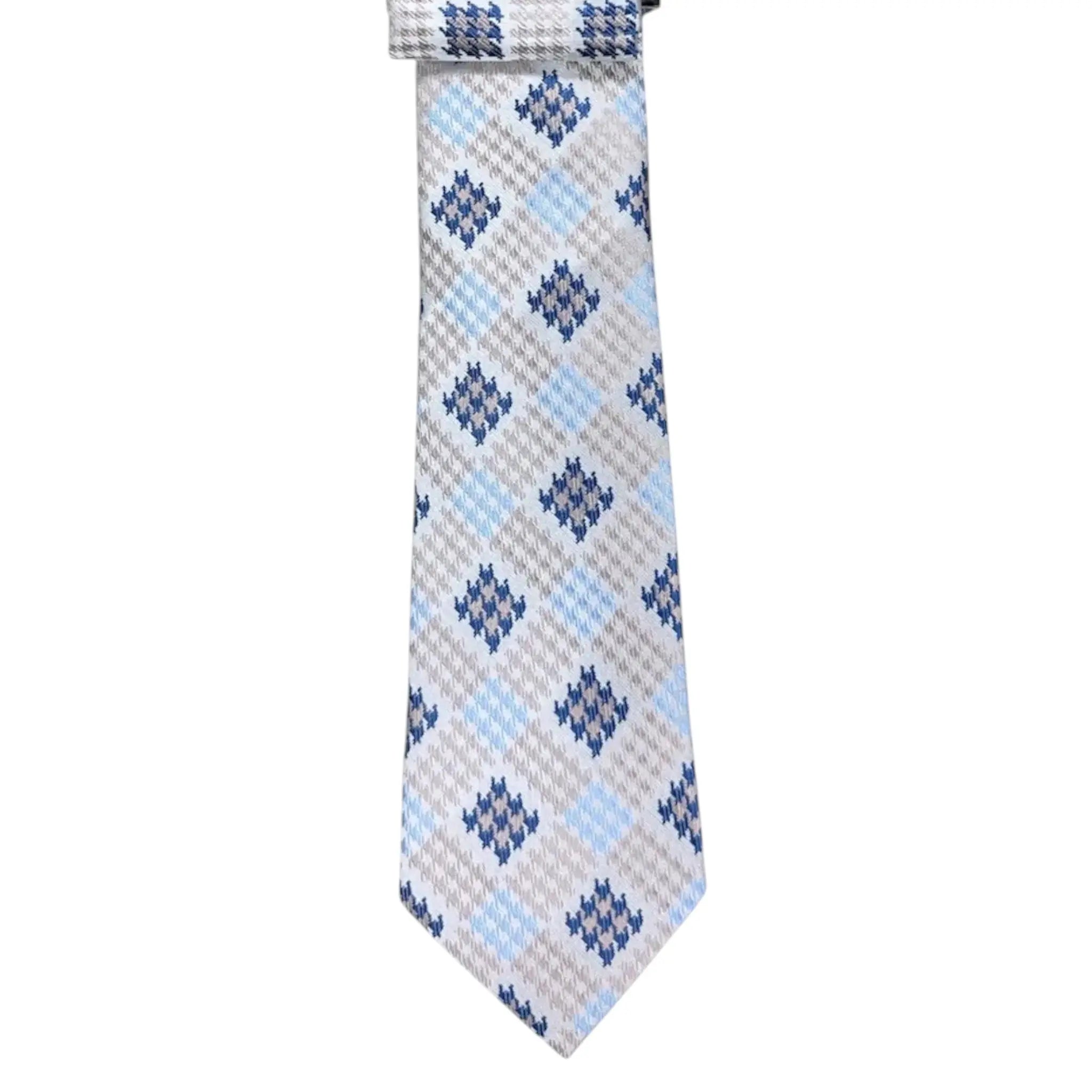 M & R Clothing Augustino tie featuring a light blue, cream, and navy geometric houndstooth and diamond pattern