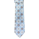 M & R Clothing Augustino tie featuring a light blue, cream, and brown geometric pattern in a woven fabric finish.