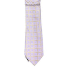 M & R Clothing Augustino tie in light purple and yellow with a geometric square pattern and woven fabric texture.