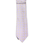 M & R Clothing Augustino tie in light purple and yellow with a geometric square pattern and woven fabric texture.