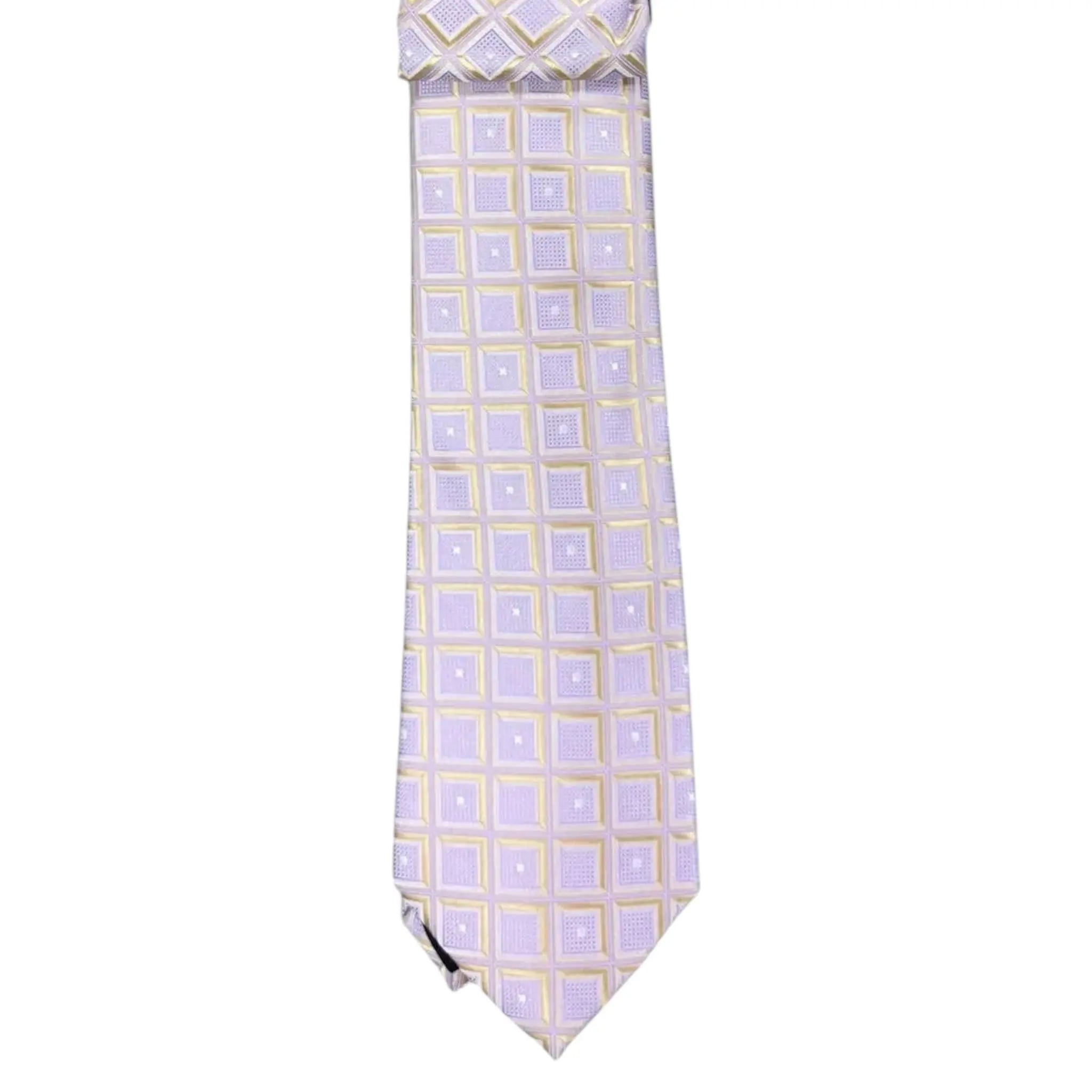 M & R Clothing Augustino tie in light purple and yellow with a geometric square pattern and woven fabric texture.