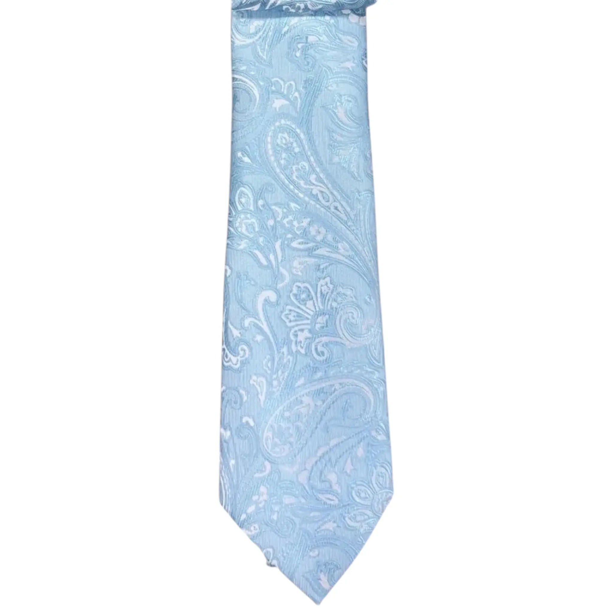 M & R Clothing Augustino light blue paisley tie with a woven viscose and polyester blend fabric.