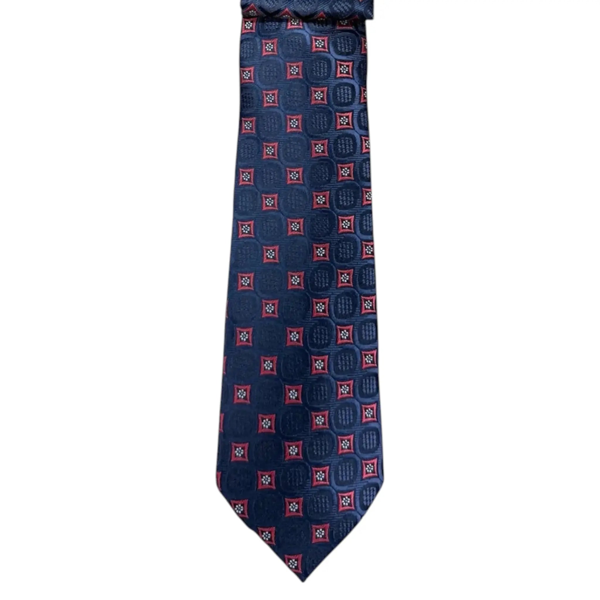M & R Clothing Augustino tie featuring a navy blue background with a repeating red and white geometric floral pattern.