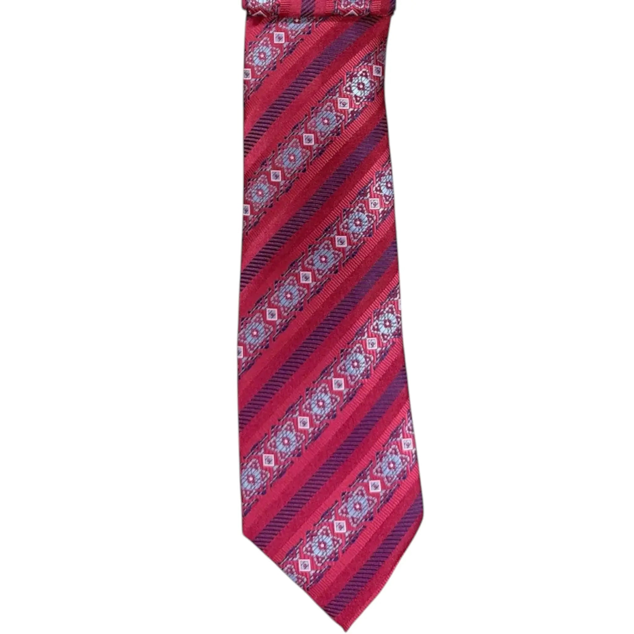 M & R Clothing Augustino red striped tie and matching pocket square set with geometric woven patterns