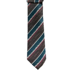 M & R Clothing Augustino striped tie and pocket square set in teal, burgundy, and grey woven fabric on a hanger