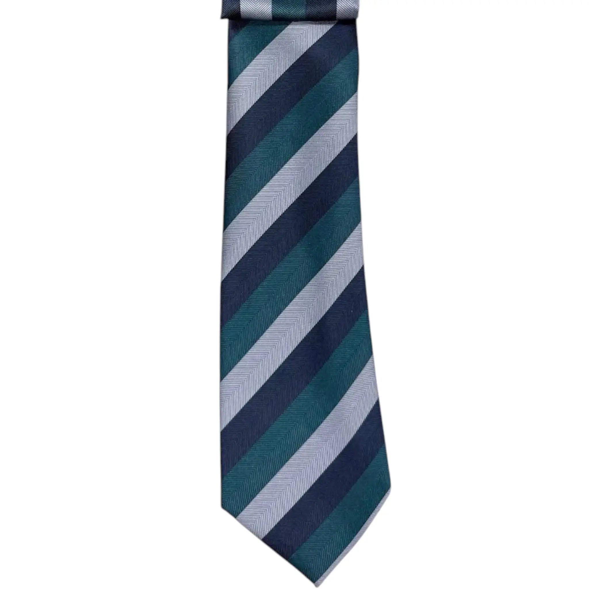 M & R Clothing Augustino striped tie and pocket square set in teal, grey, and navy woven fabric on a display card.