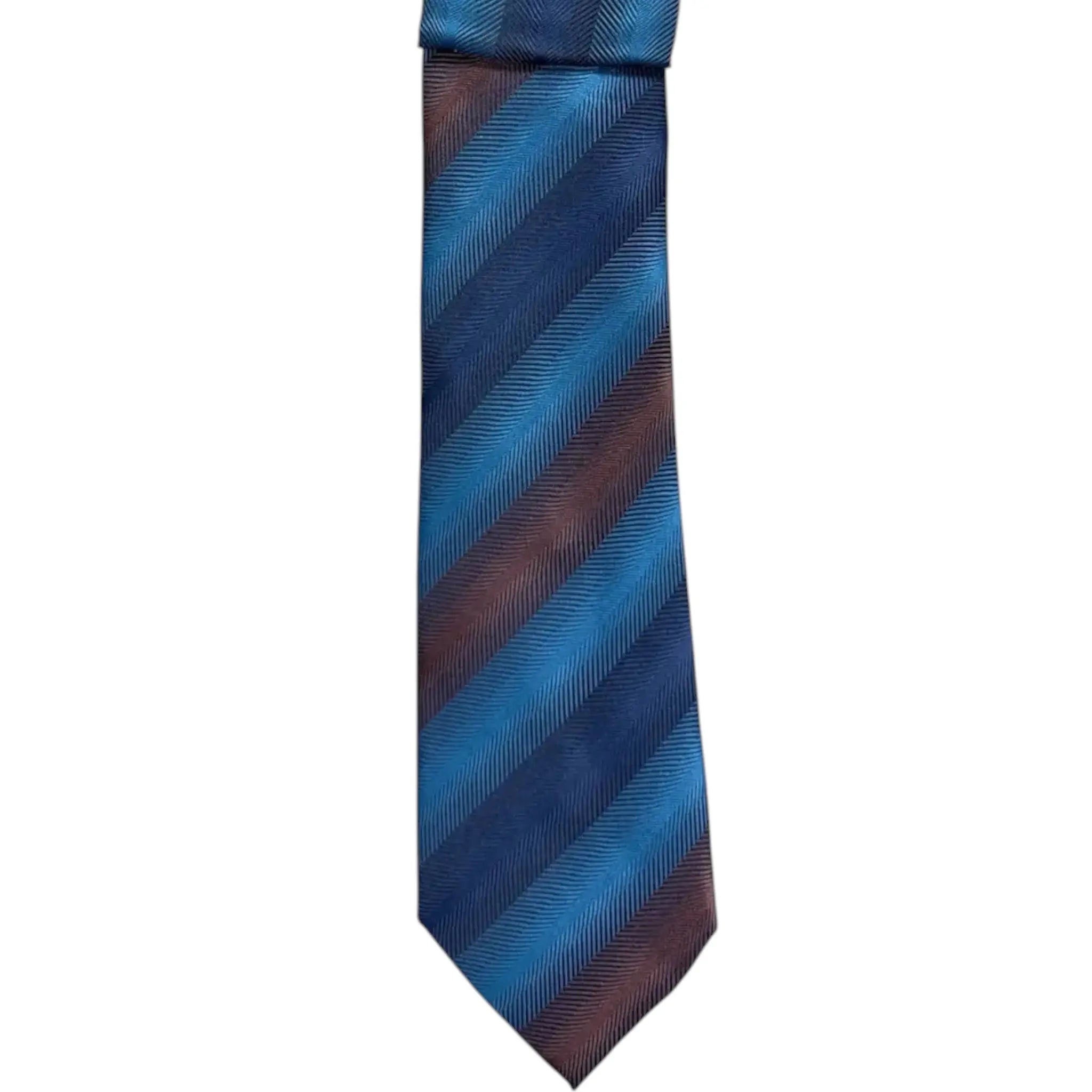 M & R Clothing Augustino blue and brown striped woven tie and pocket square set on a display hanger