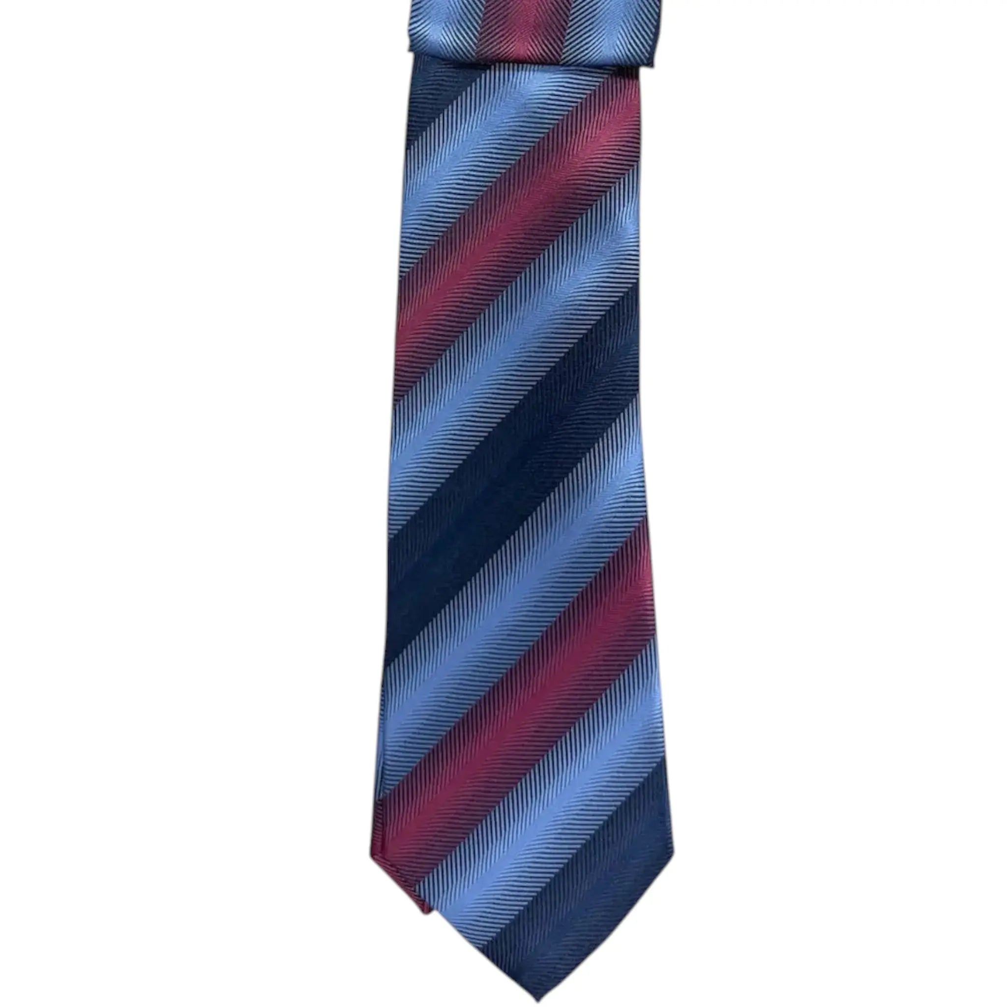M & R Clothing Augustino striped tie and pocket square set in blue and burgundy woven fabric on a display hanger