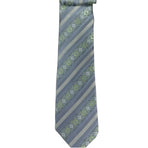 M & R Clothing Augustino striped tie in grey and green with geometric patterns and woven viscose blend fabric