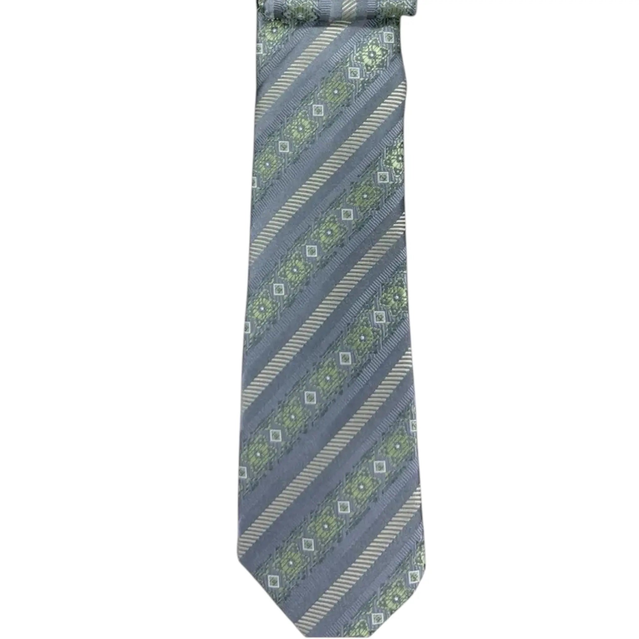 M & R Clothing Augustino striped tie in grey and green with geometric patterns and woven viscose blend fabric