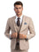 A man wearing a beige M & R Clothing skinny-fit 3-piece suit with a white shirt, brown patterned tie, and pocket square.