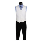 M & R Clothing beige single-breasted suit vest worn over a blue dress shirt with a striped tie and black trousers