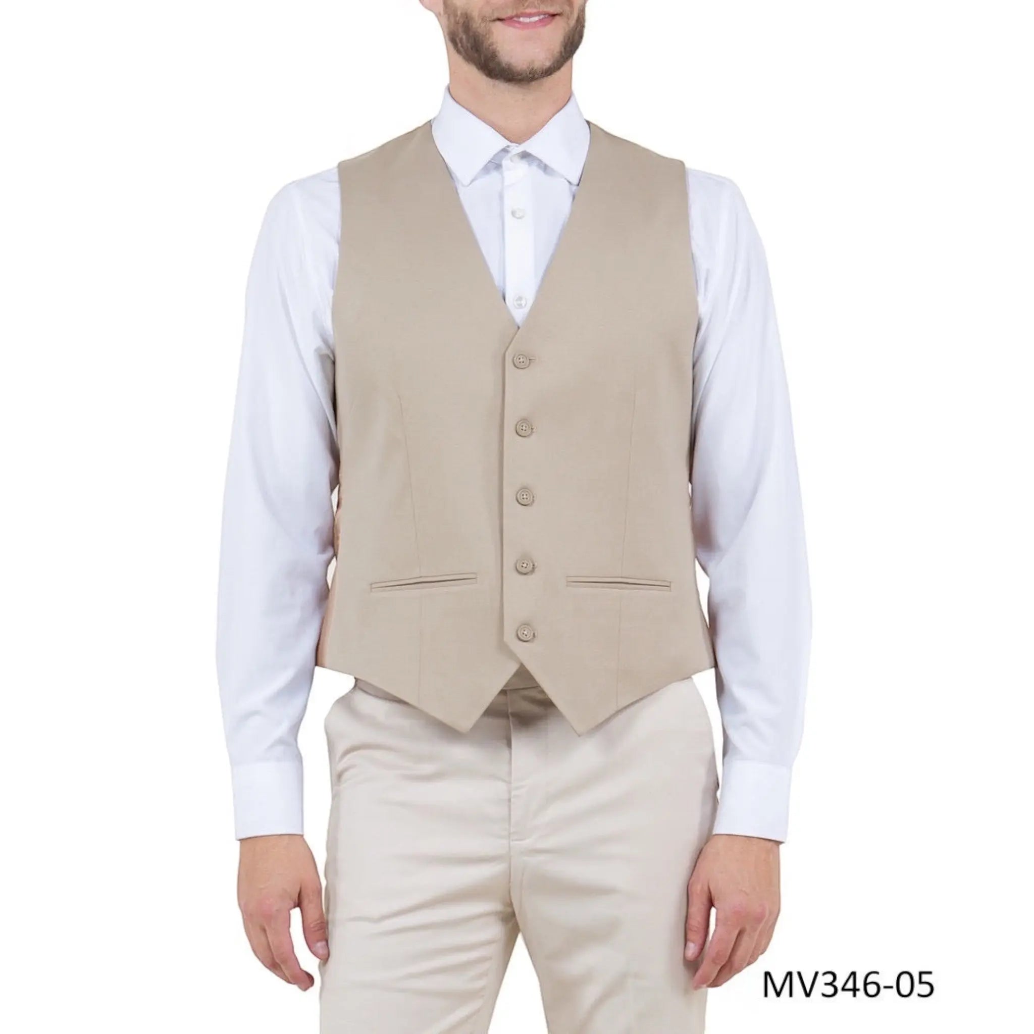 M & R Clothing beige single-breasted suit vest worn over a white dress shirt for a formal tailored look