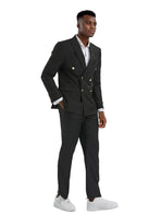 Model wearing a M & R Clothing black double-breasted slim fit suit with peak lapels and gold buttons.