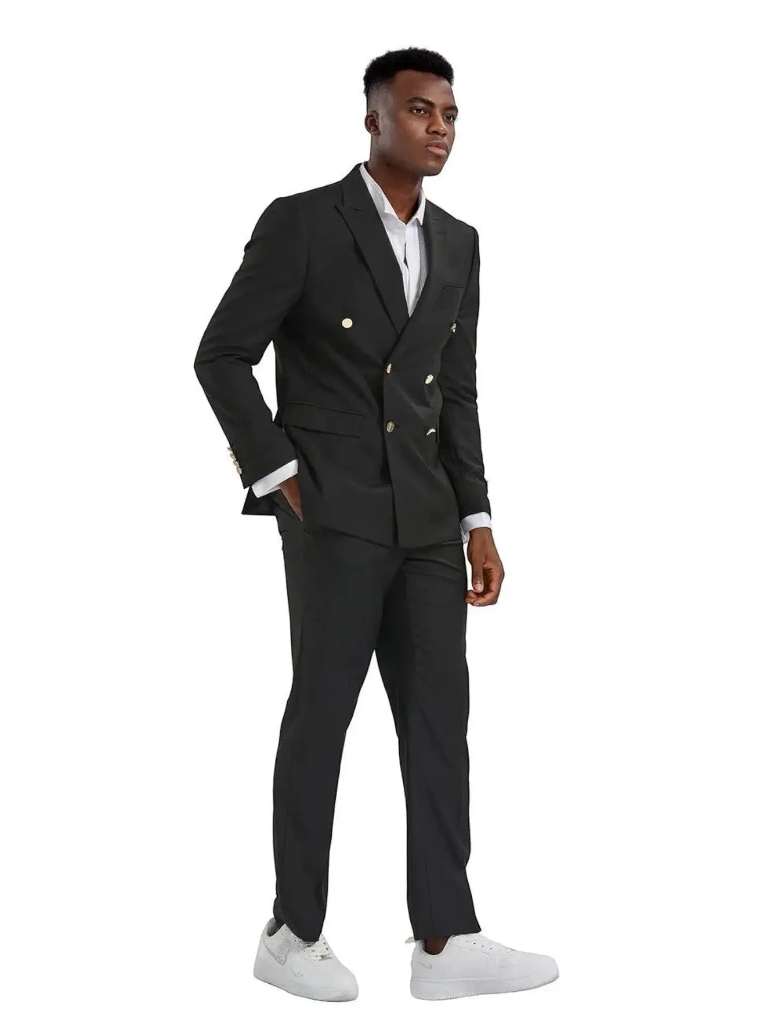 Model wearing a M & R Clothing black double-breasted slim fit suit with peak lapels and gold buttons.