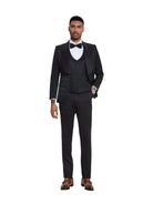 Model wearing a black M & R Clothing 3-piece floral jacquard tuxedo with a satin shawl lapel and matching vest.
