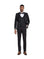 Model wearing a black M & R Clothing 3-piece floral jacquard tuxedo with a satin shawl lapel and matching vest.
