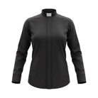 M & R Clothing ladies black long sleeve clergy shirt with a white tab collar in a tailored poly-cotton blend.