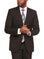 A man wearing a M & R Clothing black 2-piece suit with a white shirt and patterned grey tie for a formal look.