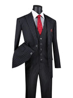 M & R Clothing men's black 3-piece regular fit suit with bold white pinstripes, vest, and red polka dot tie