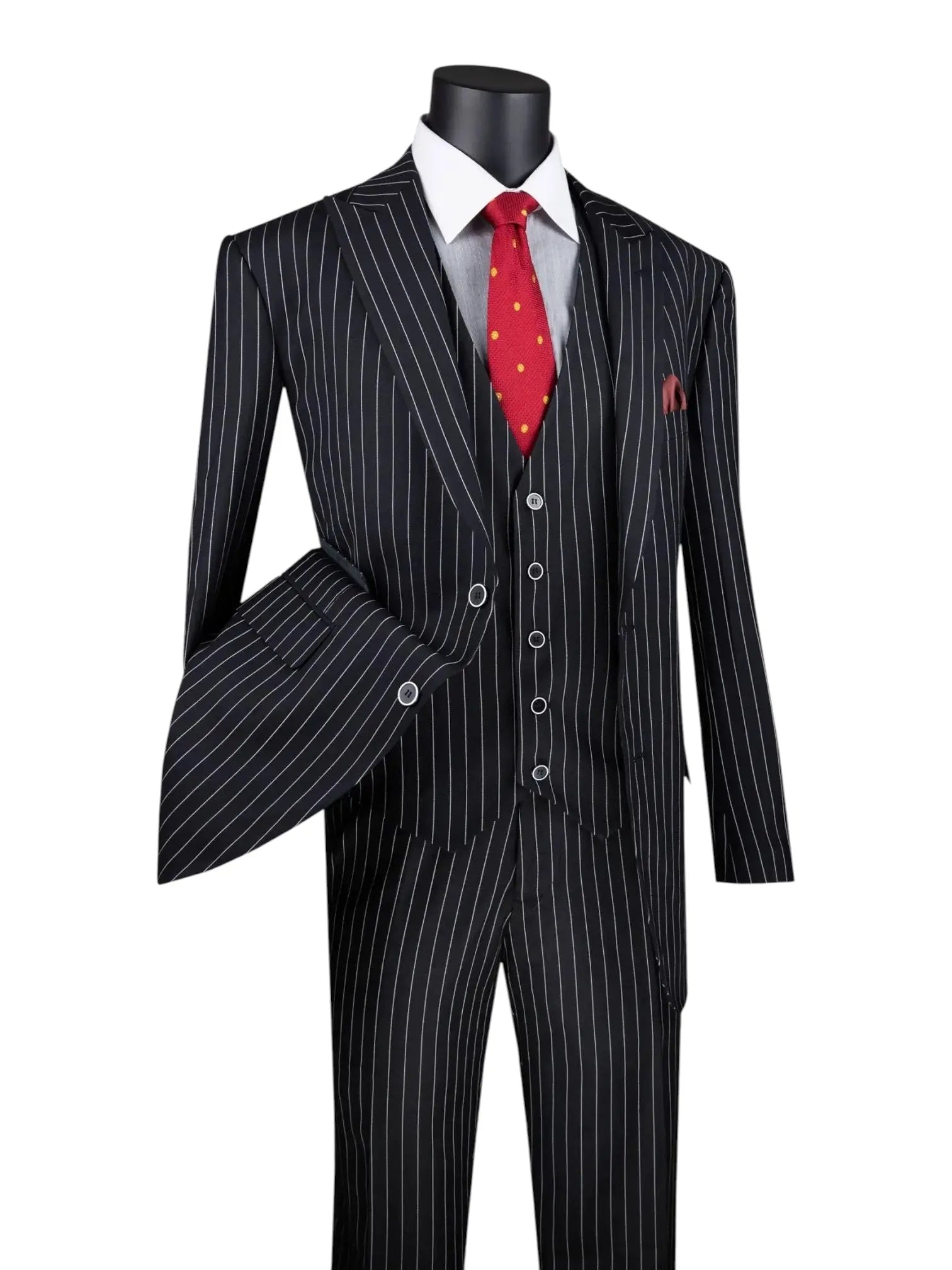 M & R Clothing men's black 3-piece regular fit suit with bold white pinstripes, vest, and red polka dot tie