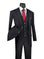 M & R Clothing men's black 3-piece regular fit suit with bold white pinstripes, vest, and red polka dot tie
