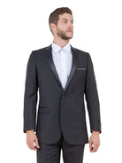 M & R Clothing Bryan Michaels black tuxedo jacket with satin peak lapel worn by a man in a white dress shirt