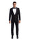 A man wearing a black M & R Clothing 2-piece tuxedo with a satin shawl collar, white shirt, and black bow tie.