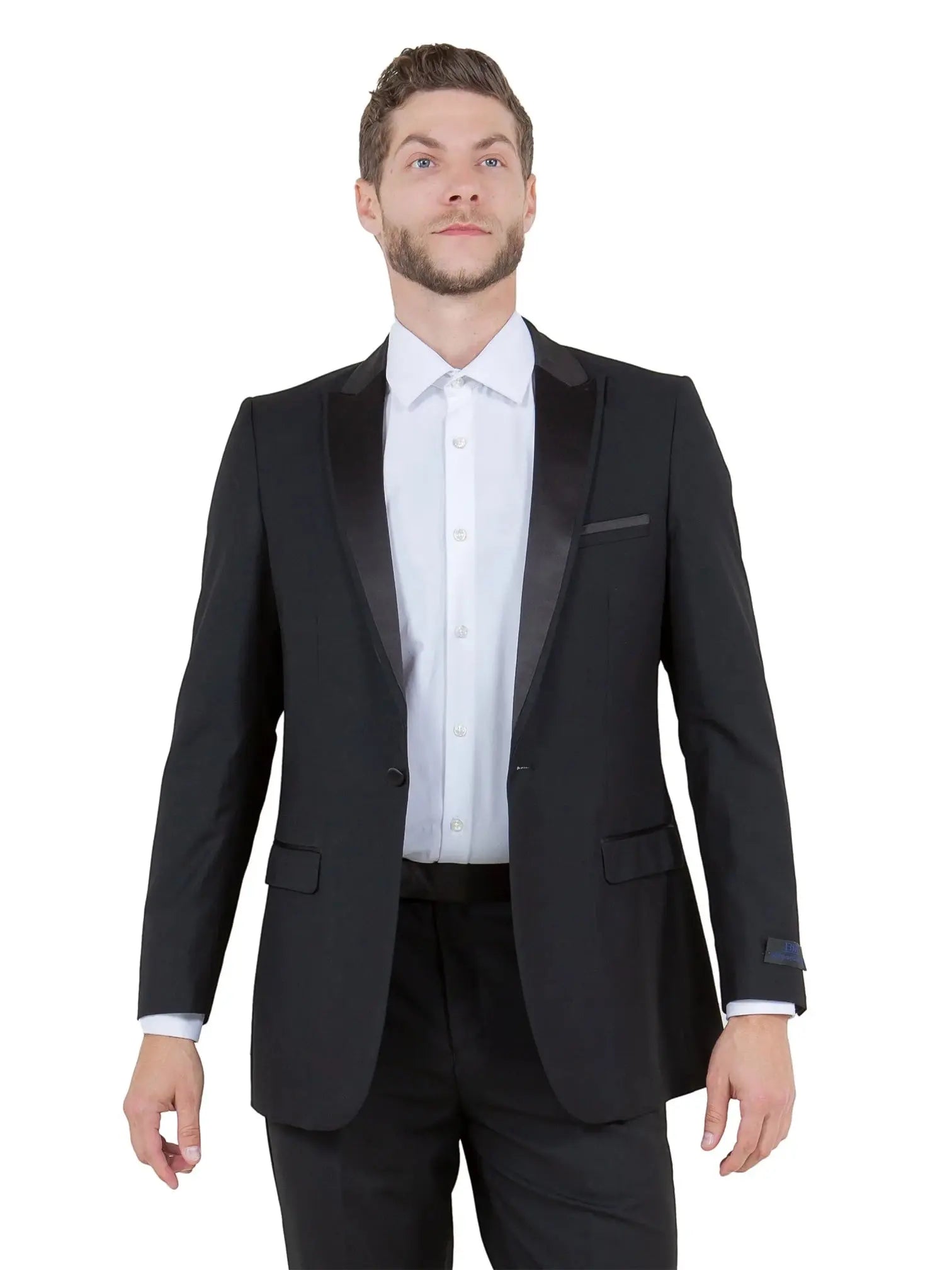 Model wearing a black M & R Clothing tuxedo jacket with a satin peak lapel and single-button closure.