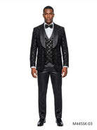 M & R Clothing Tazzio 3-piece black chained sequin tuxedo suit with satin shawl collar, vest, and matching bowtie.