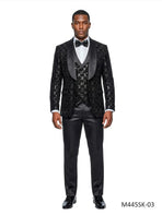M & R Clothing Tazzio 3-piece black chained sequin tuxedo suit with satin shawl collar, vest, and matching bowtie.