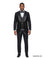 M & R Clothing Tazzio 3-piece black chained sequin tuxedo suit with satin shawl collar, vest, and matching bowtie.
