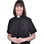 A woman wearing a black M & R Clothing short sleeve clergy shirt with a white tab collar against a white background.