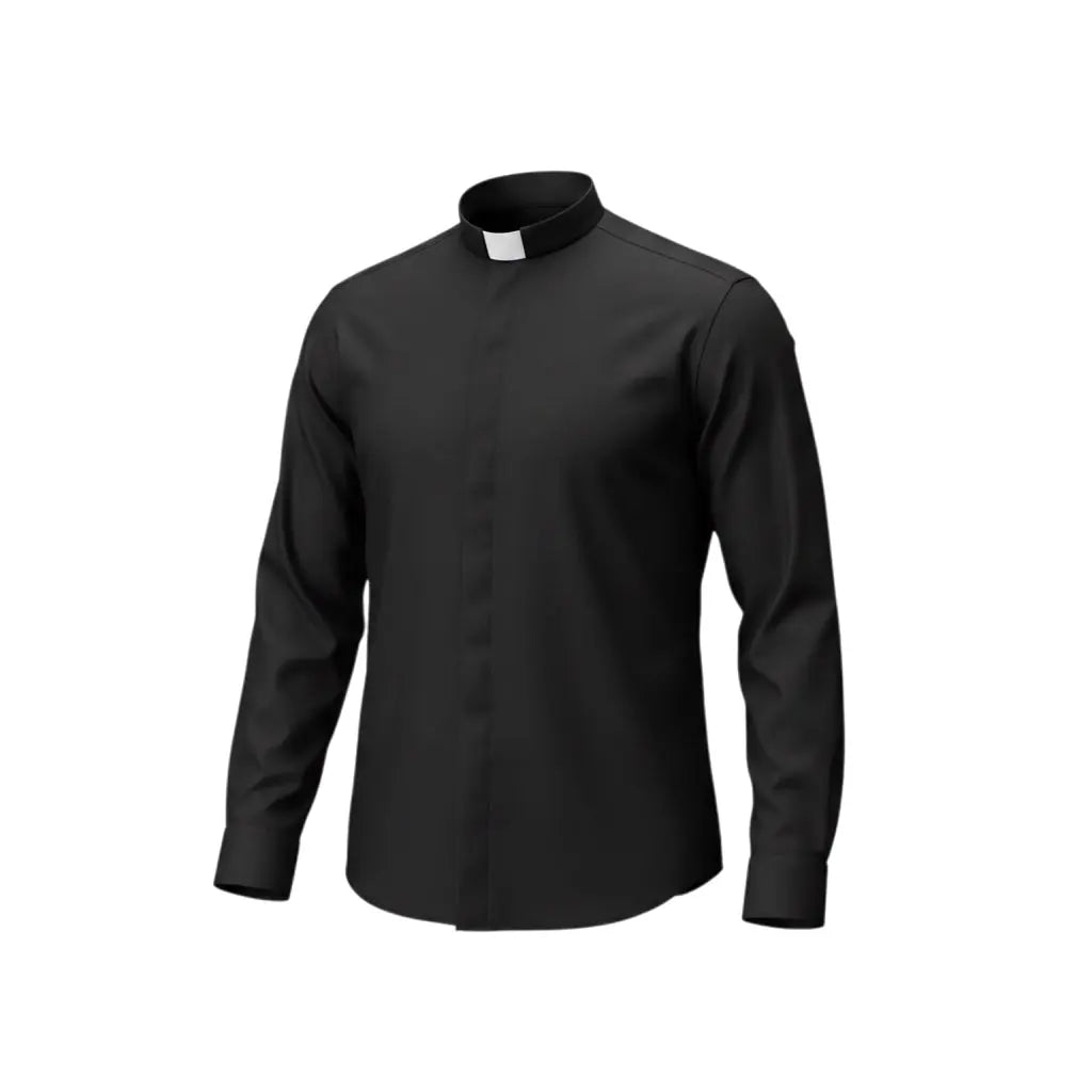 M & R Clothing black long-sleeve clergy shirt with a classic white tab collar for a formal, dignified appearance.