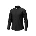 M & R Clothing black long-sleeve clergy shirt with a classic white tab collar for a formal, dignified appearance.