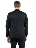 Back view of a man wearing a M & R Clothing tailored-fit black tuxedo jacket with a clean, structured silhouette.