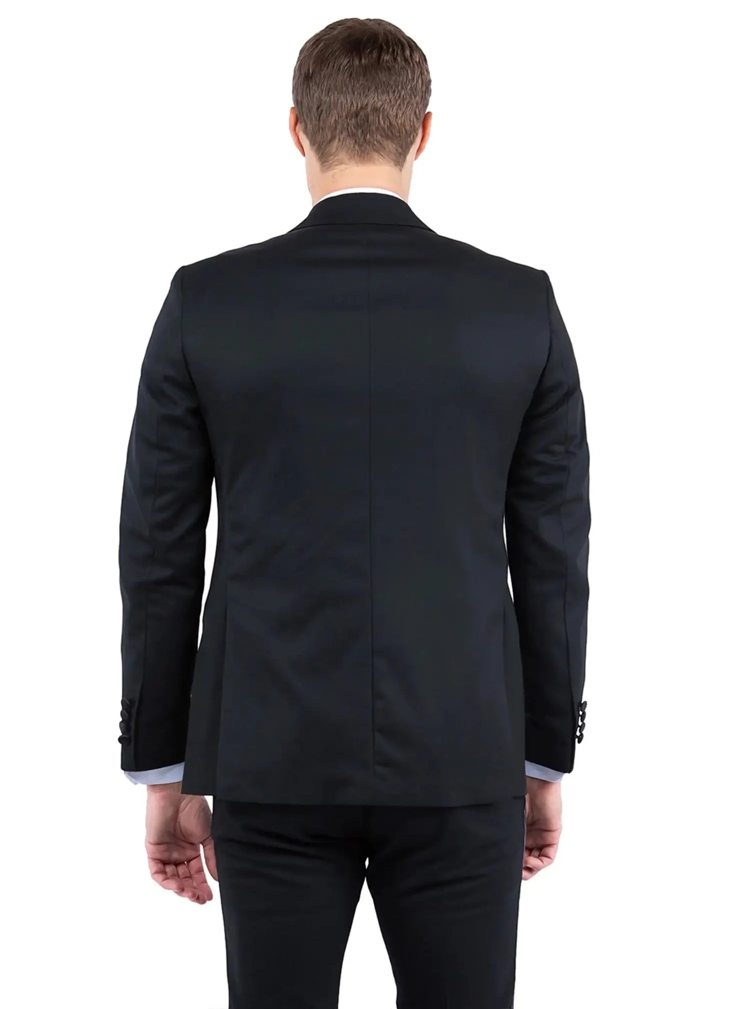Back view of a man wearing a M & R Clothing tailored-fit black tuxedo jacket with a clean, structured silhouette.