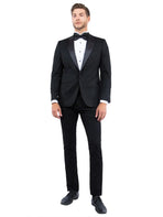 M & R Clothing tailored-fit black tuxedo jacket with satin peak lapels worn by a man with a bowtie