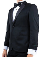 M & R Clothing black tailored-fit tuxedo jacket featuring a satin notch lapel and a single-button front closure.