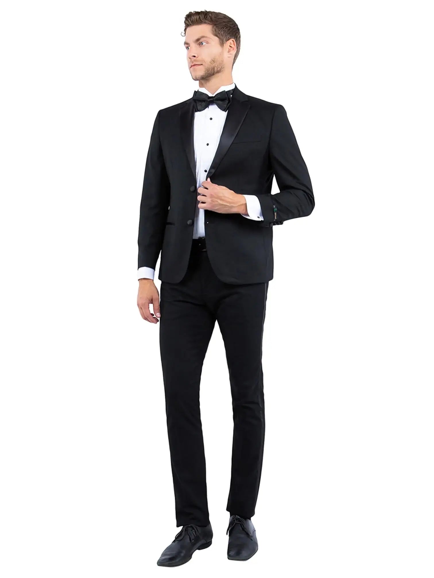 M & R Clothing men's black tailored-fit tuxedo jacket featuring a satin notch lapel worn by a model with a bowtie