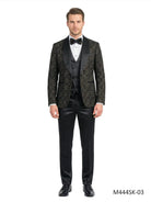 M & R Clothing Tazio 3-piece black velvet and sequin tuxedo suit with satin shawl collar, vest, and matching bowtie.