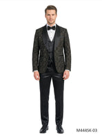 M & R Clothing Tazio 3-piece black velvet and sequin tuxedo suit with satin shawl collar, vest, and matching bowtie.