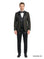 M & R Clothing Tazio 3-piece black velvet and sequin tuxedo suit with satin shawl collar, vest, and matching bowtie.